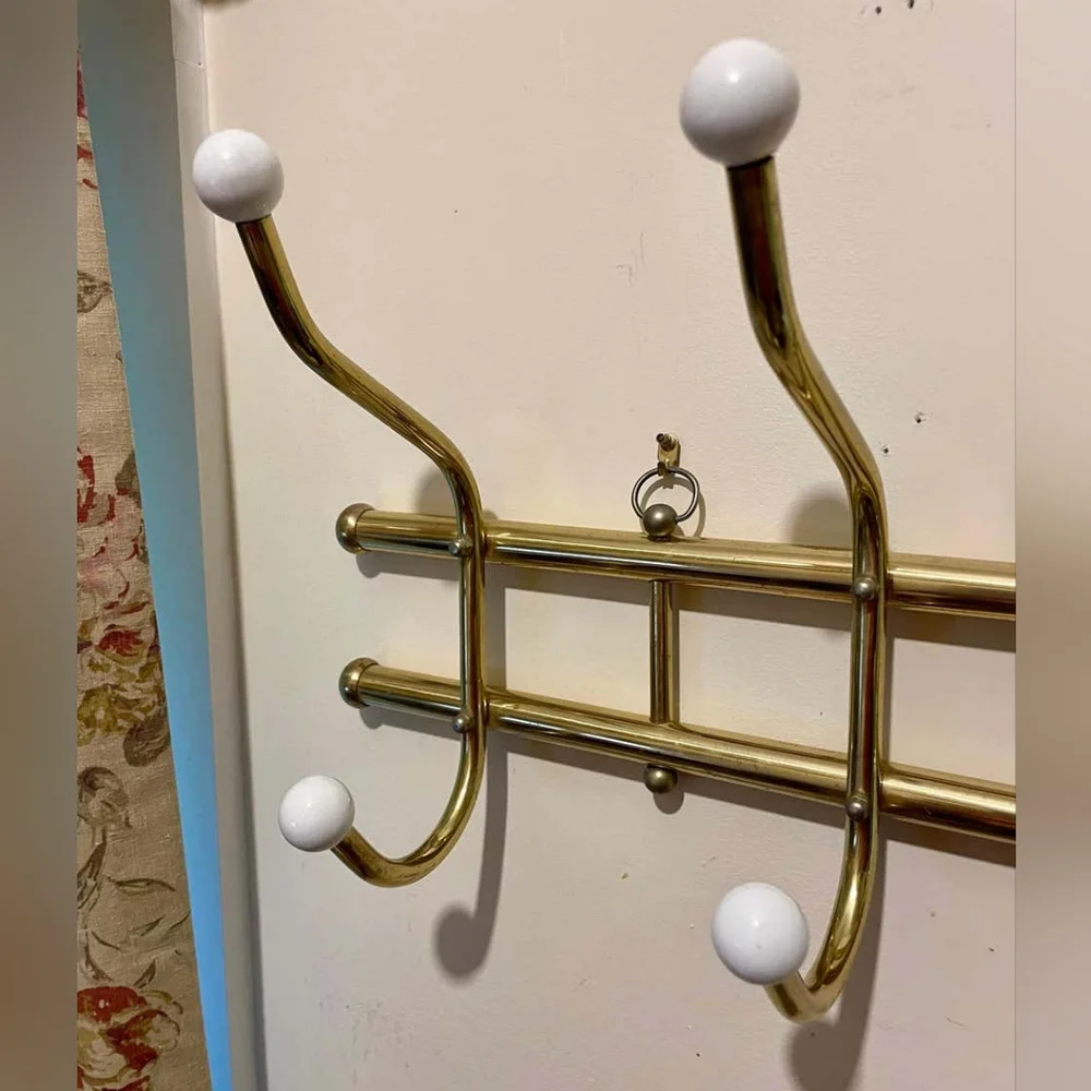 Vintage 1970s Beautiful Gold Brass Wall Mounted Coat Rack Hooks Porcelain Knobs